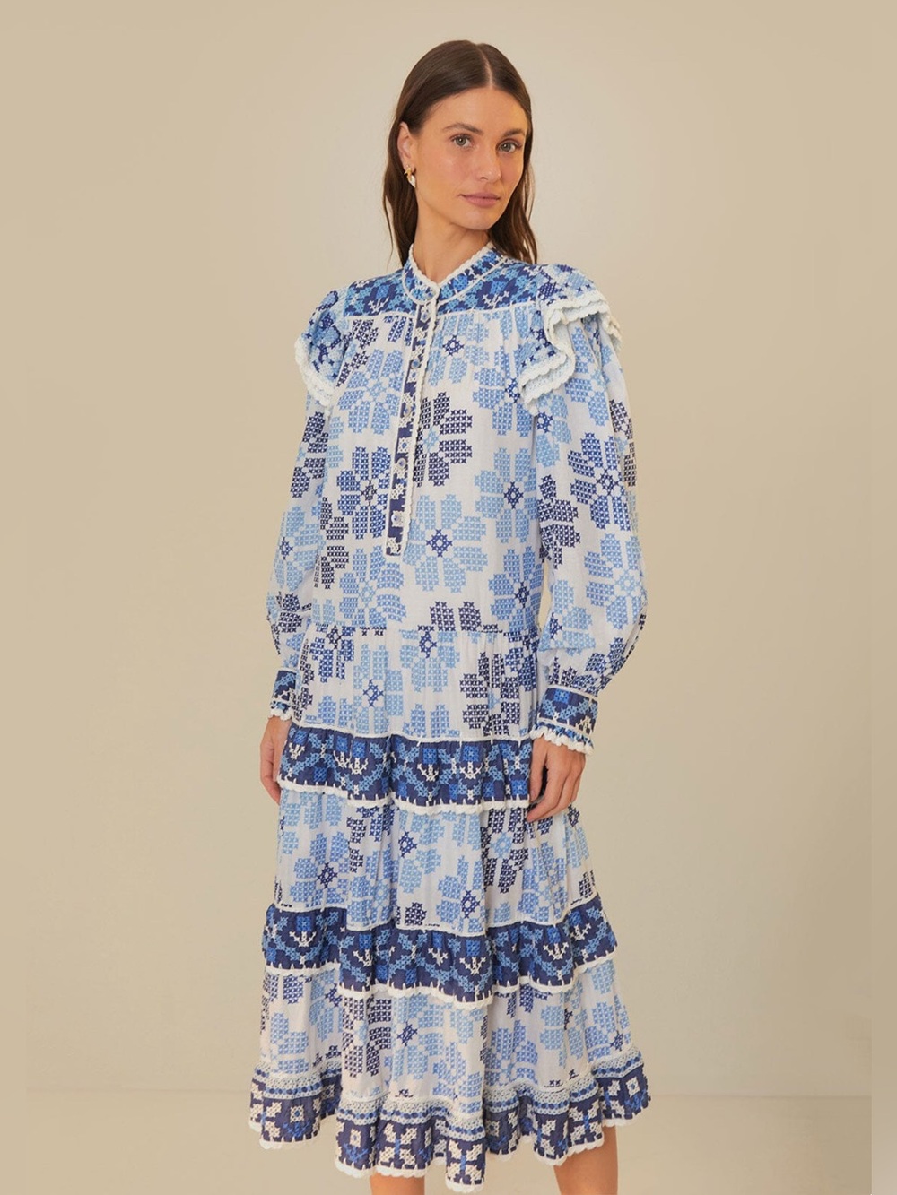 Farm Rio Off-White Stitched Flowers And Girls Midi Dress